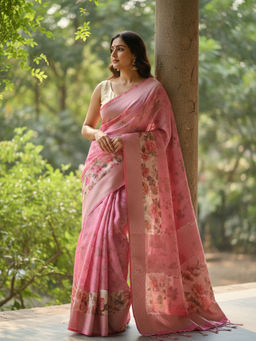 Libas - Women's Pink Printed Silk Blend Saree With Unstitched Blouse