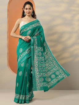 Libas - Women's Turquoise Printed Silk Blend Saree With Unstitched Blouse
