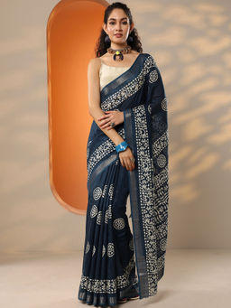 Libas - Women's Navy Blue Printed Silk Blend Saree With Unstitched Blouse