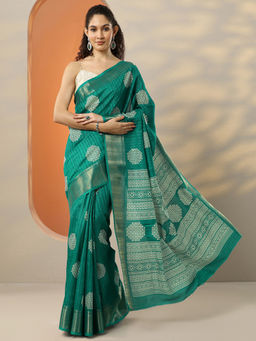 Libas - Women's Turquoise Printed Silk Blend Saree With Unstitched Blouse