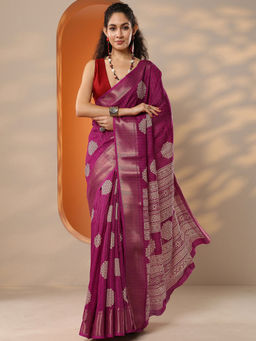 Libas - Women's Magenta Printed Silk Blend Saree With Unstitched Blouse
