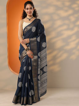 Libas - Women's Navy Blue Printed Silk Blend Saree With Unstitched Blouse