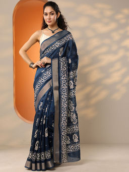 Libas - Women's Navy Blue Printed Silk Blend Saree With Unstitched Blouse