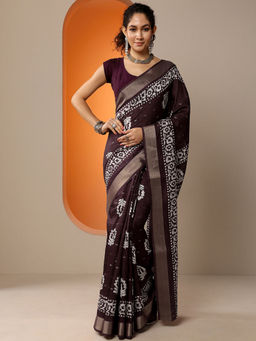 Libas - Women's Brown Printed Silk Blend Saree With Unstitched Blouse