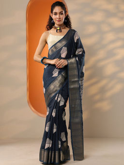 Libas - Women's Navy Blue Printed Silk Blend Saree With Unstitched Blouse