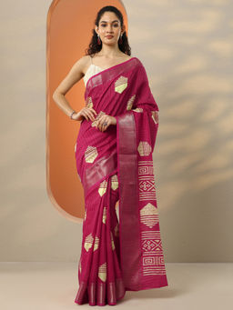 Libas - Women's Pink Printed Silk Blend Saree With Unstitched Blouse