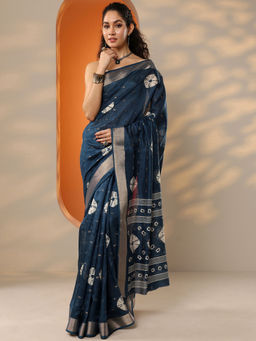Libas - Women's Navy Blue Printed Silk Blend Saree With Unstitched Blouse