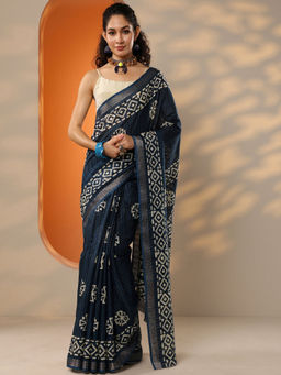 Libas - Women's Navy Blue Printed Silk Blend Saree With Unstitched Blouse