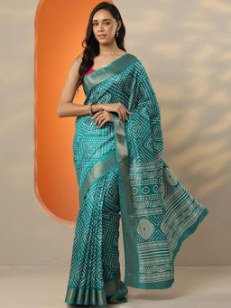 Libas - Women's Turquoise Printed Silk Blend Saree With Unstitched Blouse