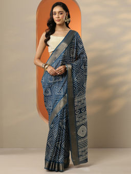 Libas - Women's Navy Blue Printed Silk Blend Saree With Unstitched Blouse