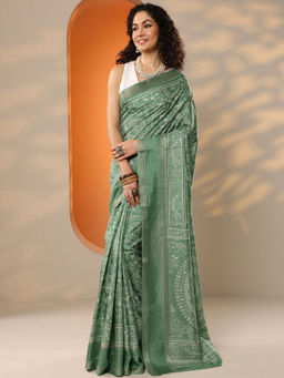 Libas - Women's Green Printed Silk Blend Saree With Unstitched Blouse