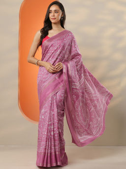 Libas - Women's Pink Printed Silk Blend Saree With Unstitched Blouse