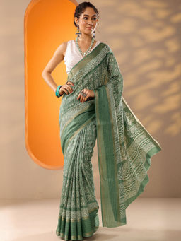 Libas - Women's Green Printed Silk Blend Saree With Unstitched Blouse