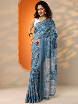 Libas - Women's Blue Printed Silk Blend Saree With Unstitched Blouse