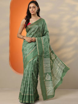 Libas - Women's Green Printed Silk Blend Saree With Unstitched Blouse