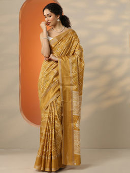 Libas - Women's Mustard Printed Silk Blend Saree With Unstitched Blouse