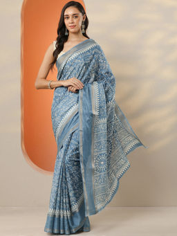 Libas - Women's Blue Printed Silk Blend Saree With Unstitched Blouse