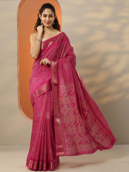 Libas - Women's Pink Printed Silk Blend Saree With Unstitched Blouse