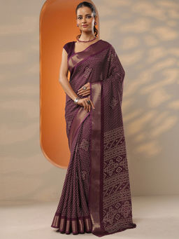 Libas - Women's Burgundy Printed Silk Blend Saree With Unstitched Blouse