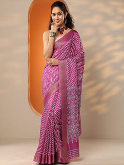 Libas - Women's Pink Printed Silk Blend Saree With Unstitched Blouse