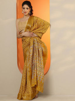 Libas - Women's Mustard Printed Silk Blend Saree With Unstitched Blouse