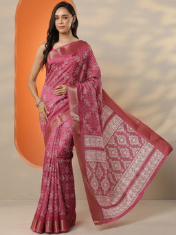 Libas - Women's Mauve Printed Silk Blend Saree With Unstitched Blouse