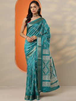Libas - Women's Green Printed Silk Blend Saree With Unstitched Blouse