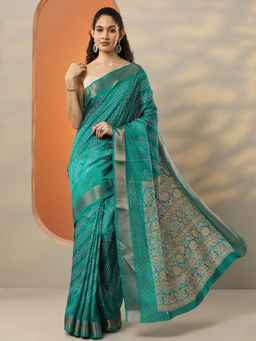 Libas - Women's Turquoise Printed Silk Blend Saree With Unstitched Blouse