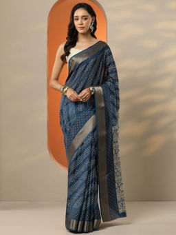 Libas - Women's Navy Blue Printed Silk Blend Saree With Unstitched Blouse