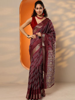 Libas - Women's Maroon Printed Silk Blend Saree With Unstitched Blouse