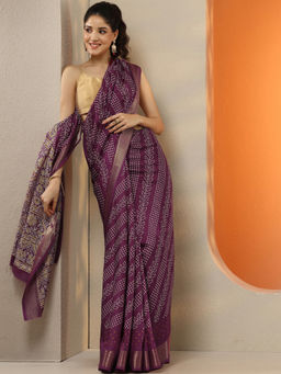 Libas - Women's Burgundy Printed Silk Blend Saree With Unstitched Blouse