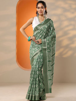 Libas - Women's Green Printed Silk Blend Saree With Unstitched Blouse