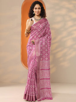Libas - Women's Pink Printed Silk Blend Saree With Unstitched Blouse