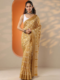 Libas - Women's Mustard Printed Silk Blend Saree With Unstitched Blouse