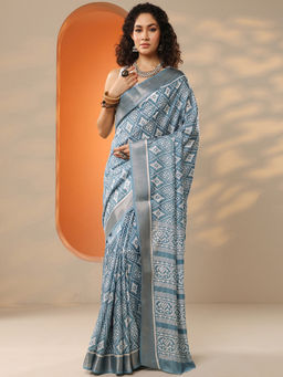 Libas - Women's Blue Printed Silk Blend Saree With Unstitched Blouse
