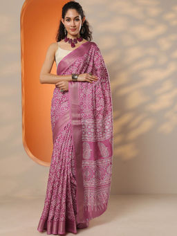 Libas - Women's Pink Printed Silk Blend Saree With Unstitched Blouse