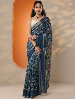 Libas - Women's Navy Blue Printed Silk Blend Saree With Unstitched Blouse