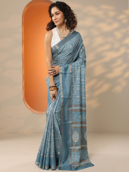Libas - Women's Blue Printed Silk Blend Saree With Unstitched Blouse