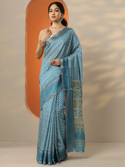 Libas - Women's Blue Printed Silk Blend Saree With Unstitched Blouse