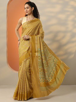 Libas - Women's Mustard Printed Silk Blend Saree With Unstitched Blouse