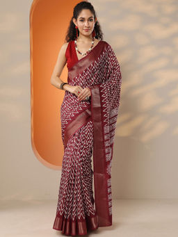 Libas - Women's Maroon Printed Silk Blend Saree With Unstitched Blouse