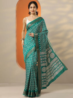 Libas - Women's Green Printed Silk Blend Saree With Unstitched Blouse
