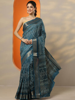 Libas - Women's Teal Printed Silk Blend Saree With Unstitched Blouse