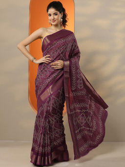 Libas - Women's Magenta Printed Silk Blend Saree With Unstitched Blouse