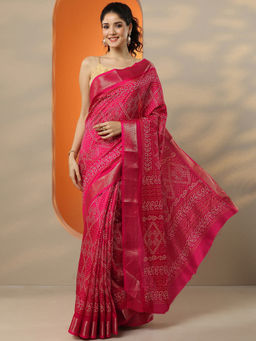 Libas - Women's Pink Printed Silk Blend Saree With Unstitched Blouse