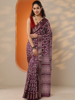 Libas - Women's Burgundy Printed Silk Blend Saree With Unstitched Blouse
