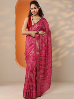 Libas - Women's Pink Printed Silk Blend Saree With Unstitched Blouse