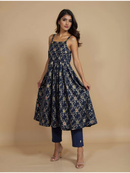 trueBrowns - Women's Blue Brocade A-Line Kurta And Pant