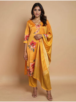 trueBrowns - Women's Yellow Floral V-Neck Straight Kurta With Pant & Dupatta