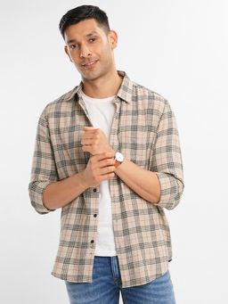 Bombay High - Mens Comfort Fit Pure Cotton Beige Check Shirt